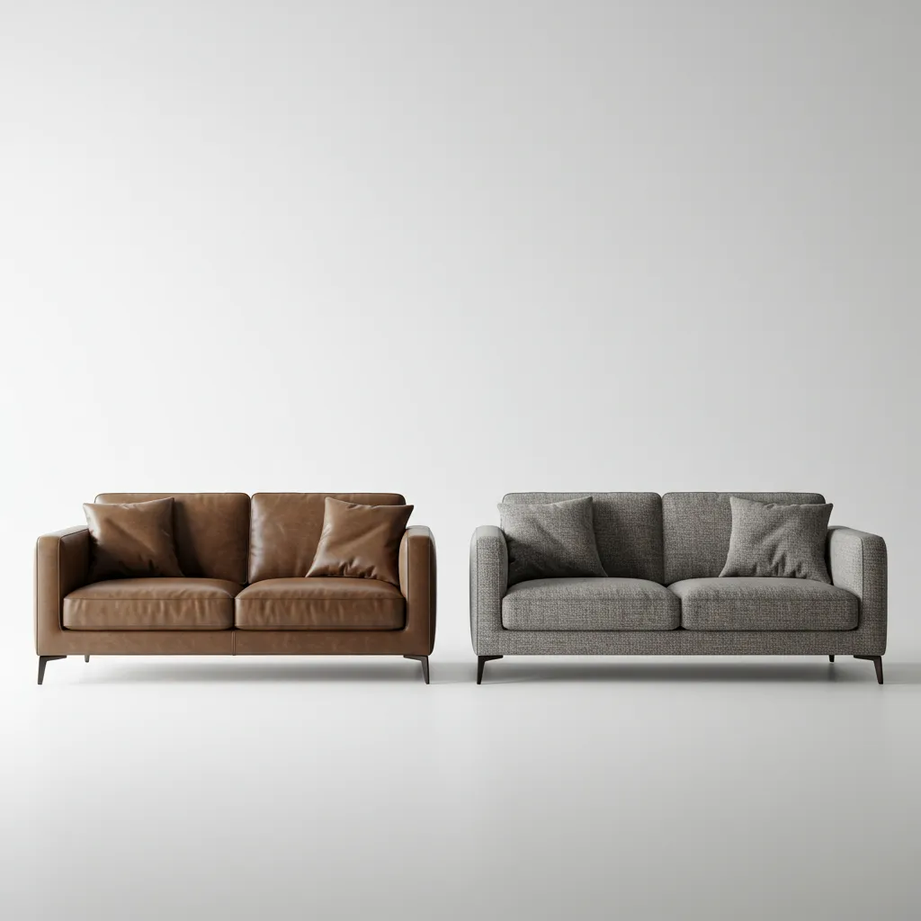 Comparaison de deux canapés haut de gamme espagnols en showroom, cuir et tissu