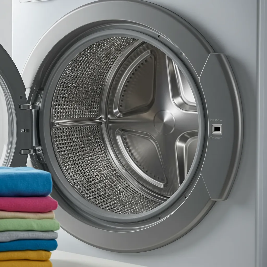 Intérieur du tambour d'un sèche-linge à pompe à chaleur avec du linge coloré soigneusement plié autour
