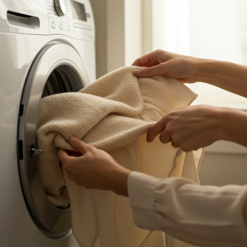 Vêtements délicats en cachemire et soie sortant d'un sèche-linge à basse température, illustrant la douceur du séchage à pompe à chaleur