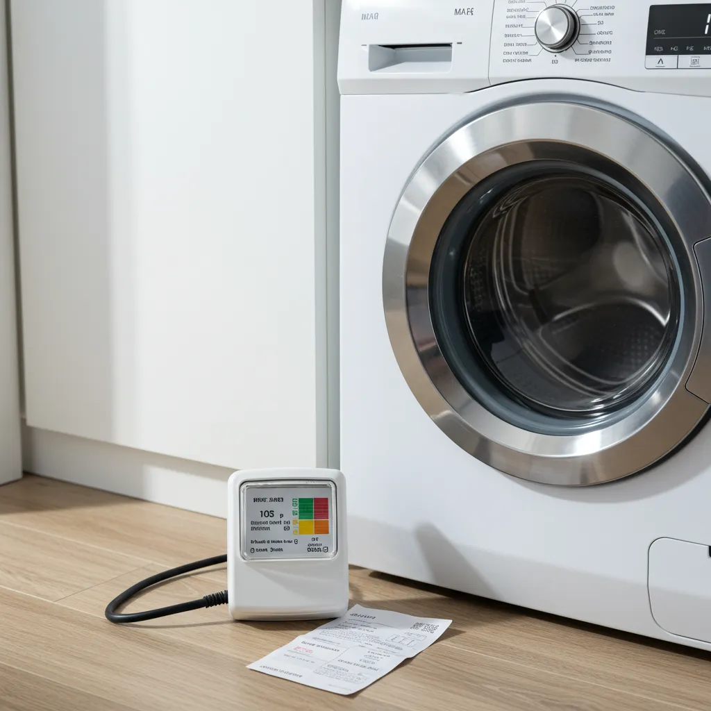 Compteur de consommation électrique et facture posés à côté d'un sèche-linge domestique, symbolisant les économies d'énergie selon le profil d'utilisation