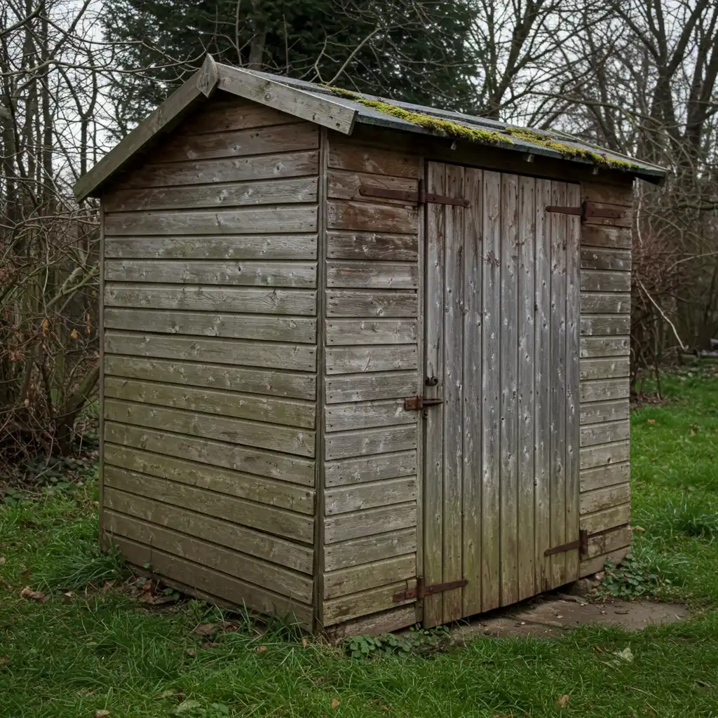 Abri de jardin en bois ancien avec patine et signes de vieillissement, construit avant 2012, dans un jardin résidentiel