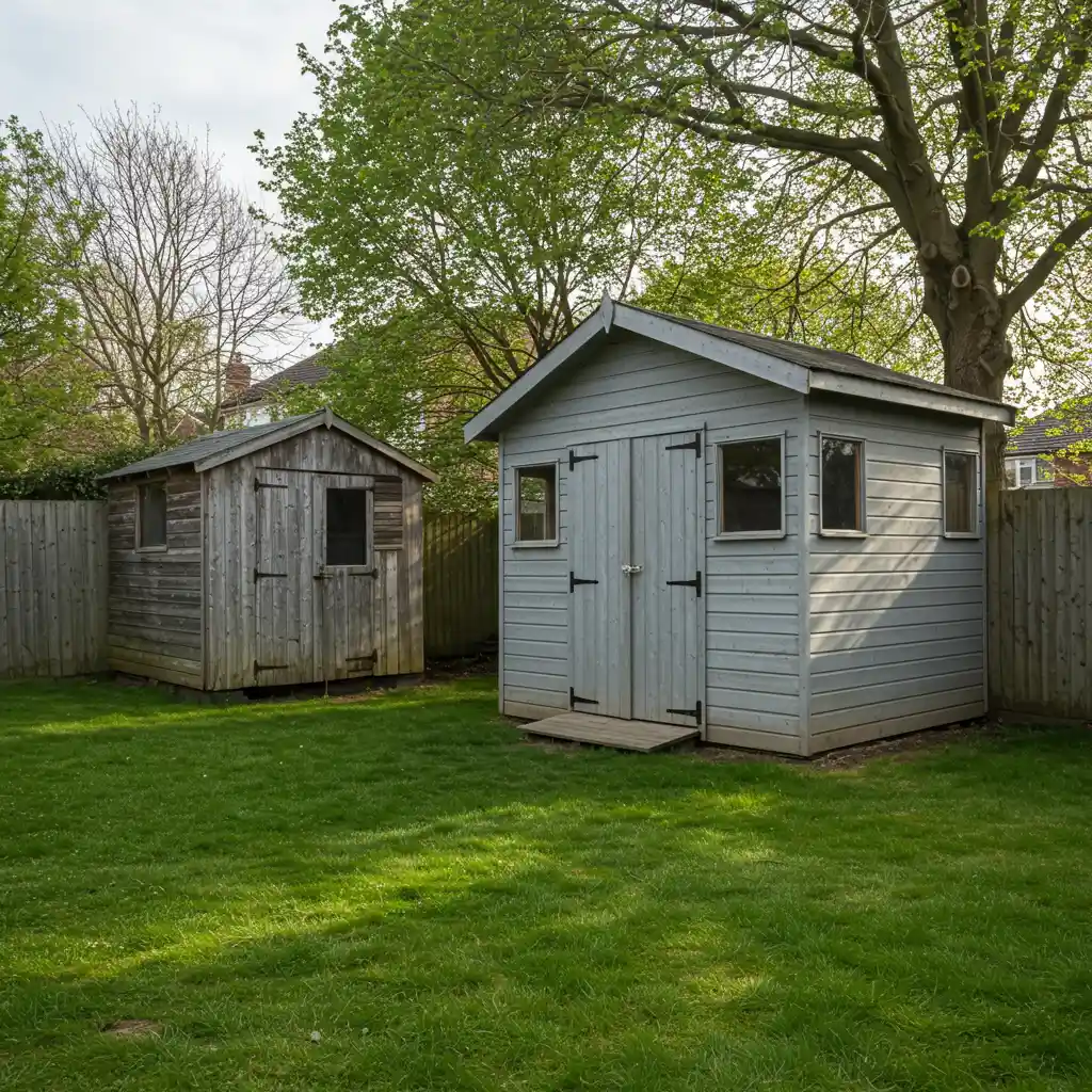 Comparaison entre un ancien abri de jardin et un abri récent dans le même jardin, illustrant les différences fiscales selon la date de construction