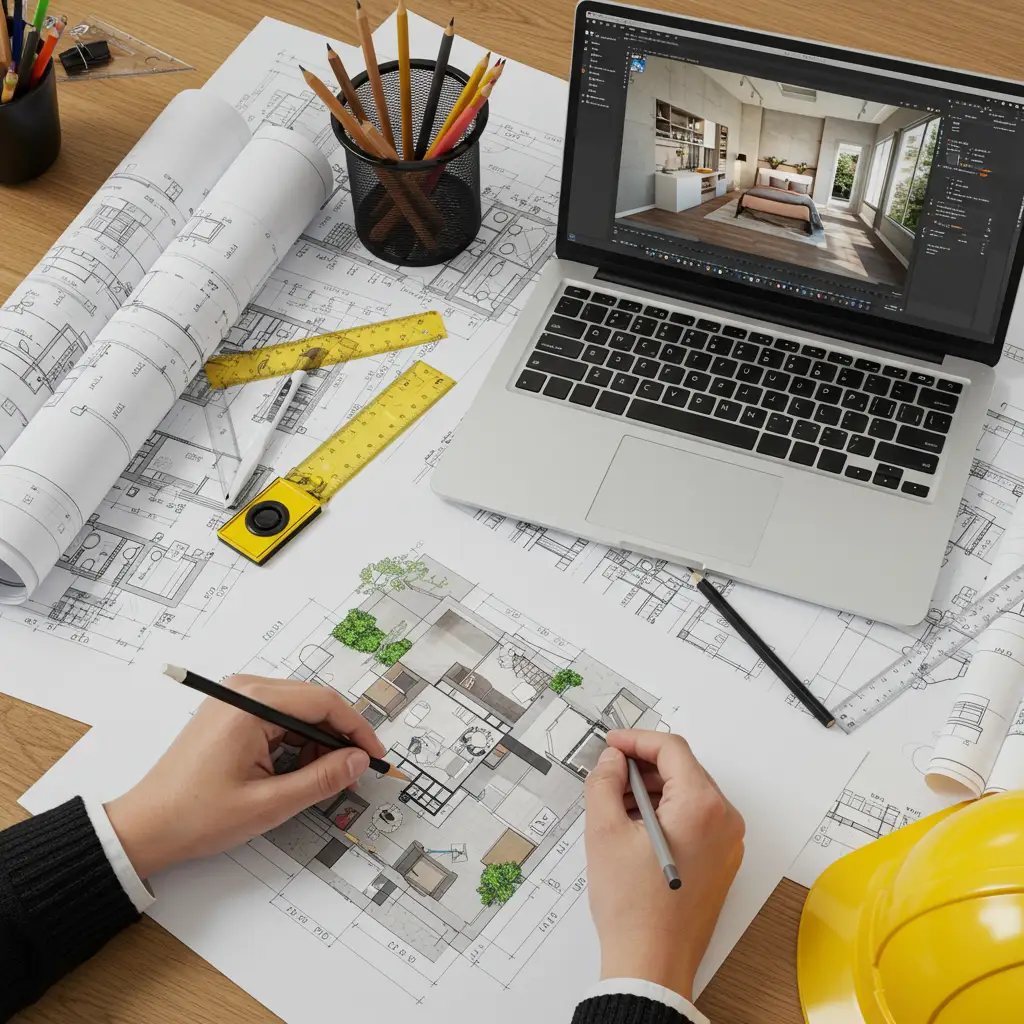 Plans d'architecture 2D et rendus 3D photoréalistes sur un bureau d'architecte d'intérieur en ligne