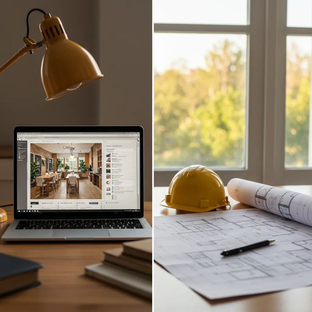 Comparaison entre outil digital d'architecture d'intérieur en ligne et plans traditionnels sur papier