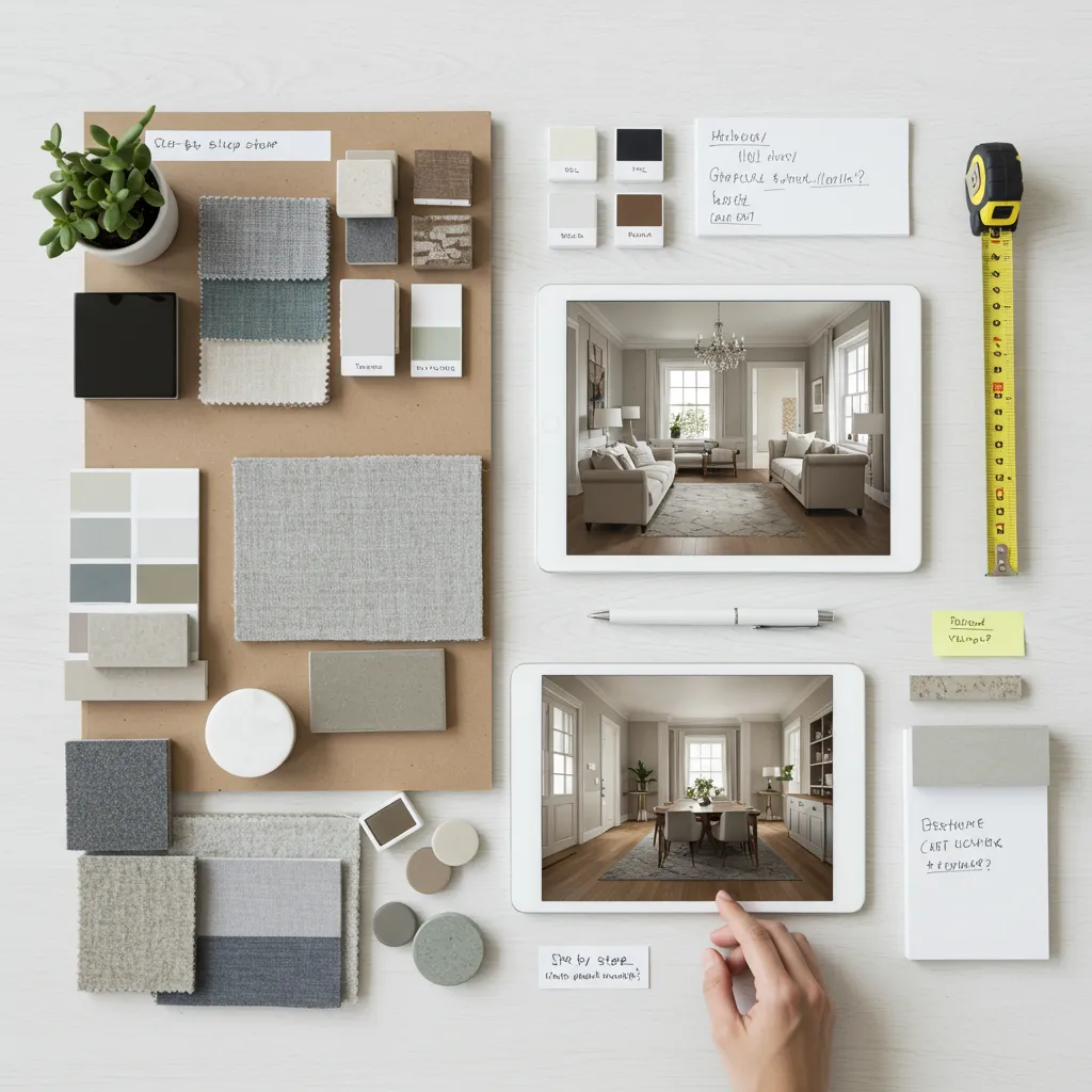 Processus de conception d'un projet de rénovation intérieure avec moodboard, échantillons matériaux et rendu 3D