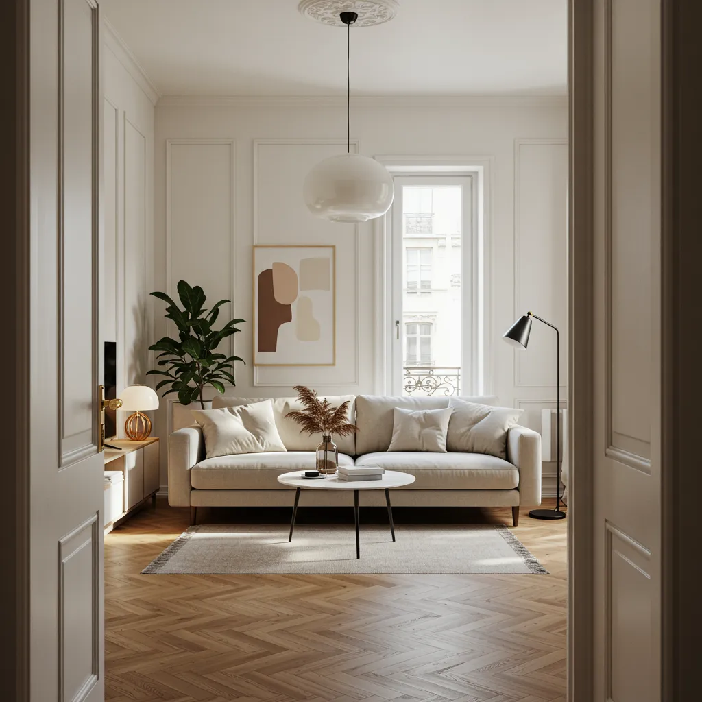 Salon rénové lumineux dans un appartement français avec décoration contemporaine et lumière naturelle