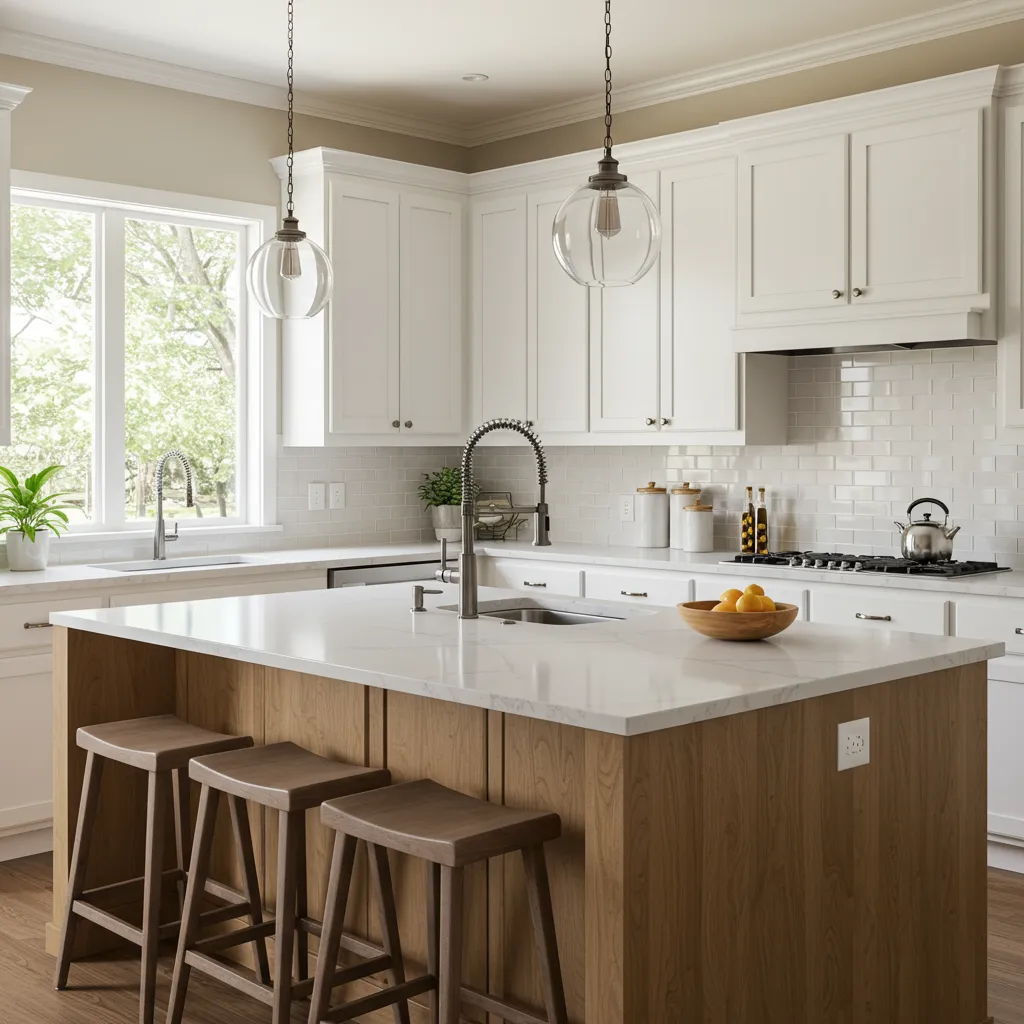 Îlot central de cuisine sur mesure avec plan de travail en quartz et éclairage suspendu, ambiance chaleureuse