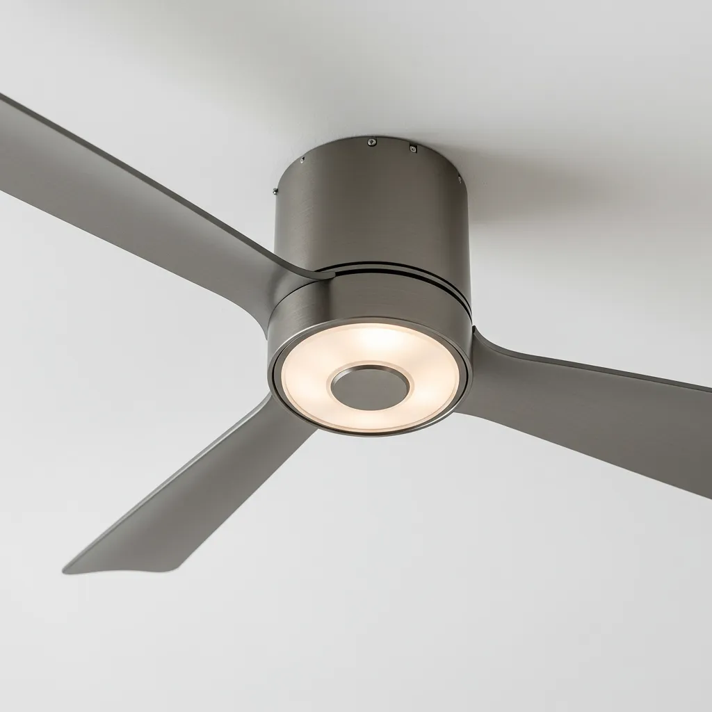 Gros plan sur les pales et le moteur d'un ventilateur de plafond moderne à moteur DC brushless