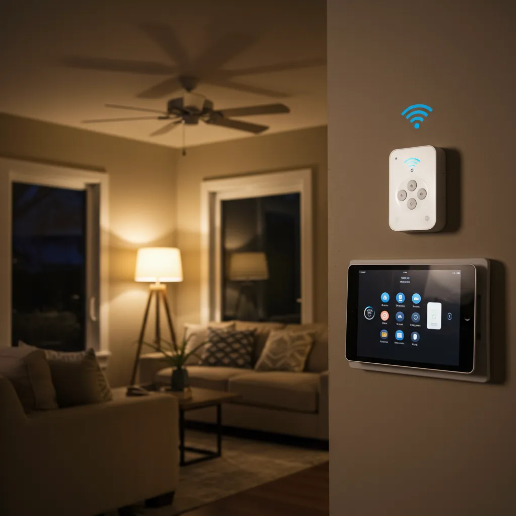Système domotique connecté pour le contrôle intelligent d'un ventilateur de plafond dans un intérieur moderne