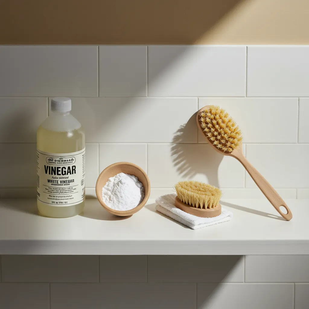 Produits naturels pour nettoyer les toilettes : vinaigre blanc, bicarbonate de soude et goupillon, protocole d'élimination des vers noirs