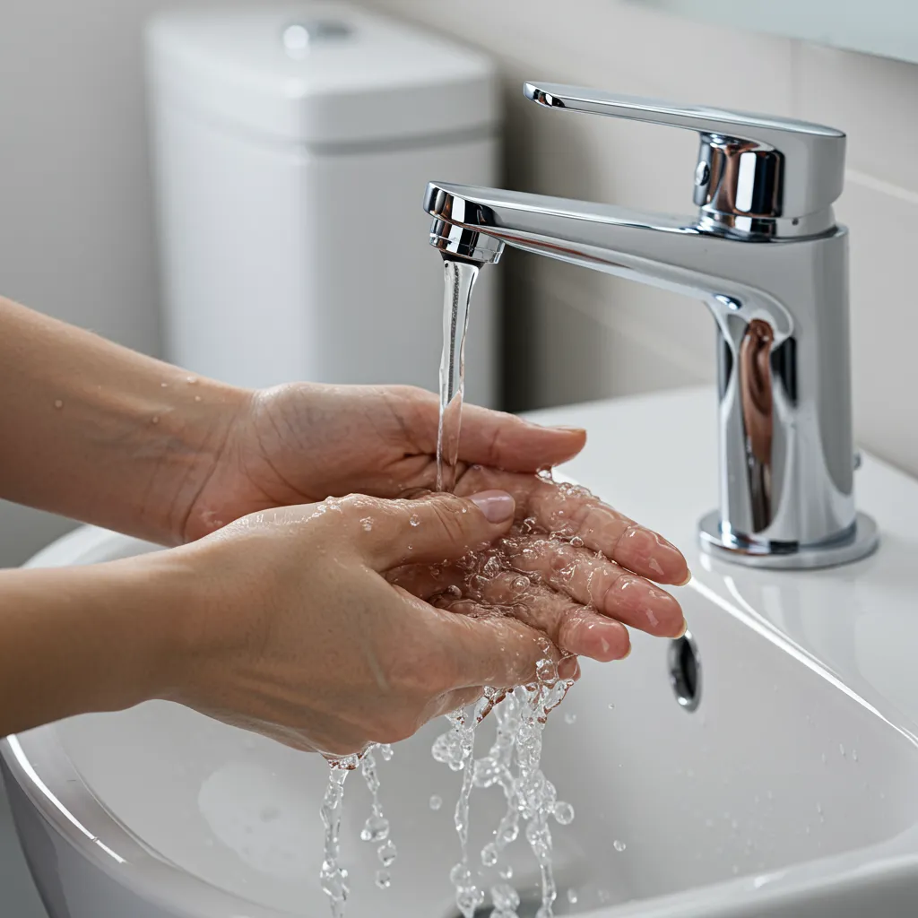 Lavage des mains sur le lave-mains intégré au réservoir d'un WC compact