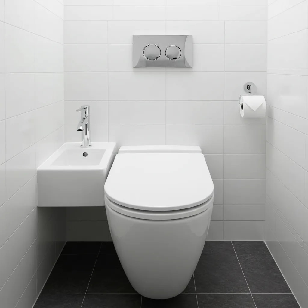 WC avec lave-mains intégré dans un petit espace de moins de 1,5 m² illustrant le gain de place