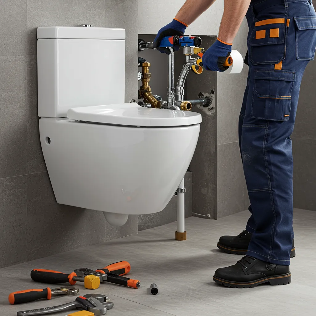 Installation d'un WC suspendu avec lave-mains intégré par un plombier professionnel