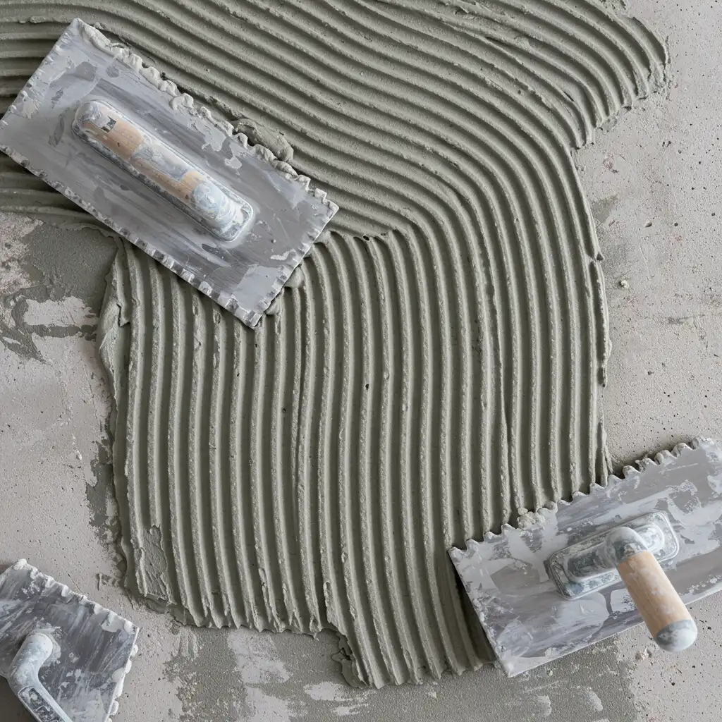 Peigne dentelé calibrant l'épaisseur de colle à carrelage sur support béton, montrant les stries uniformes de mortier-colle