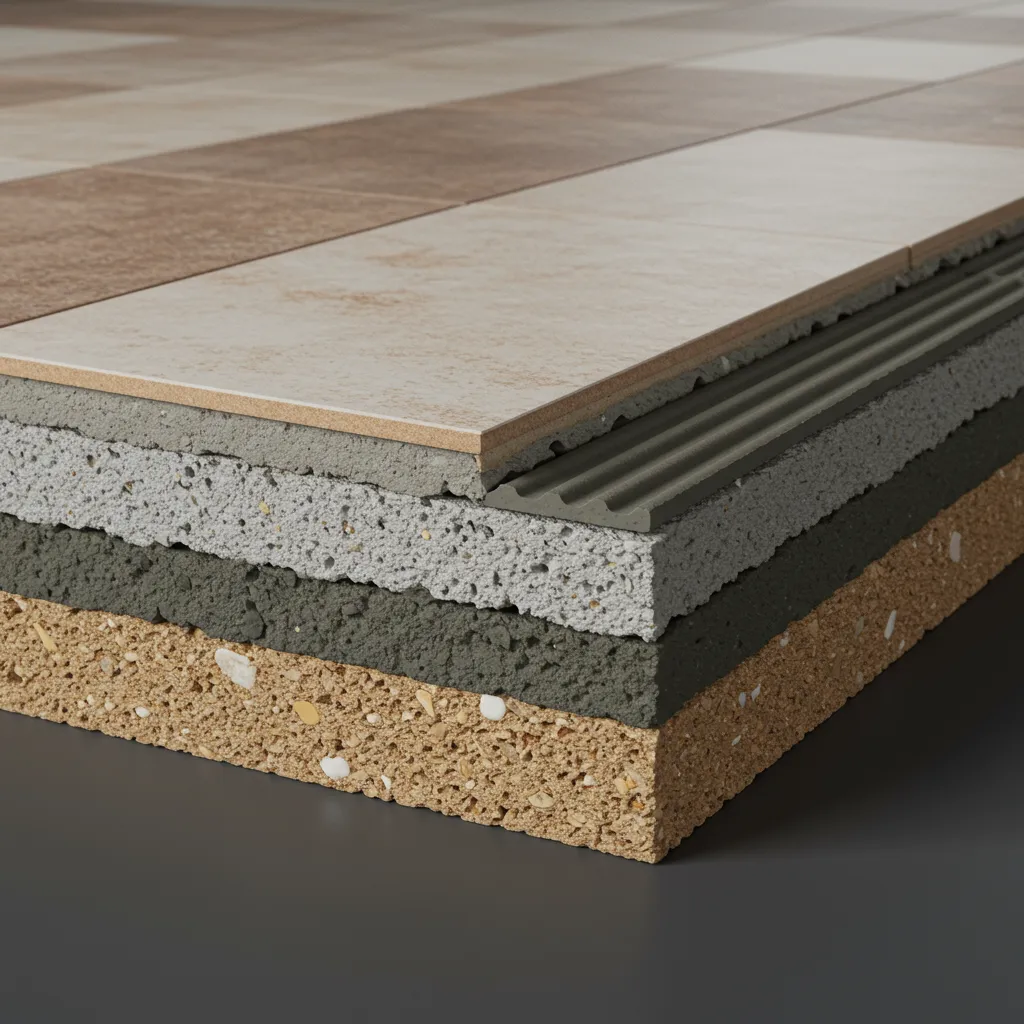 Coupe transversale d'un sol carrelé révélant les différentes couches : support béton, lit de colle à carrelage et carreau céramique