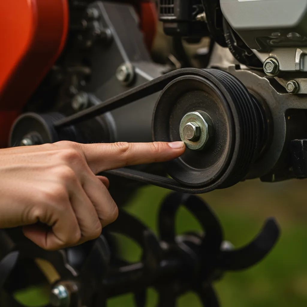 Vérification de la tension de la courroie de motobineuse avec la pression d'un doigt pour mesurer la déflexion