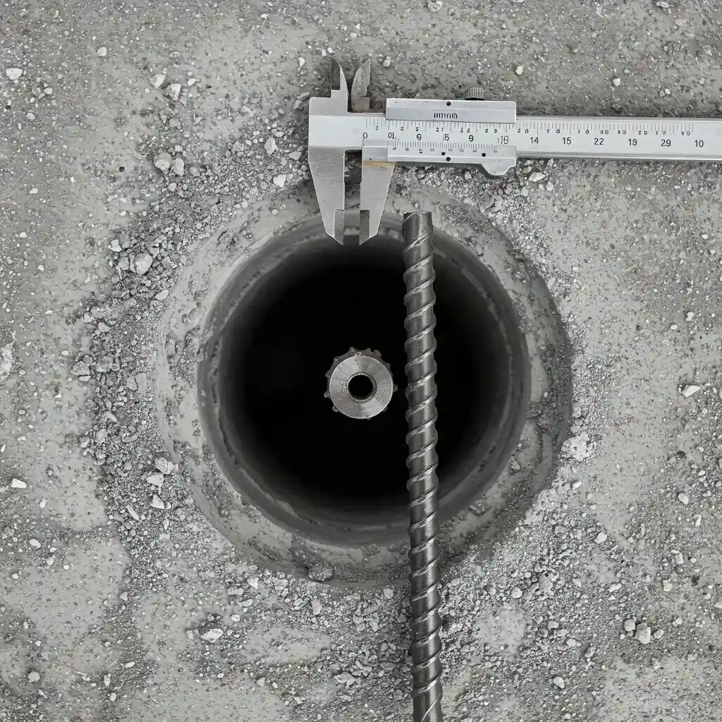 Dimensionnement d'une cheville chimique : trou percé dans le béton avec tige filetée M10 et pied à coulisse pour mesure du diamètre