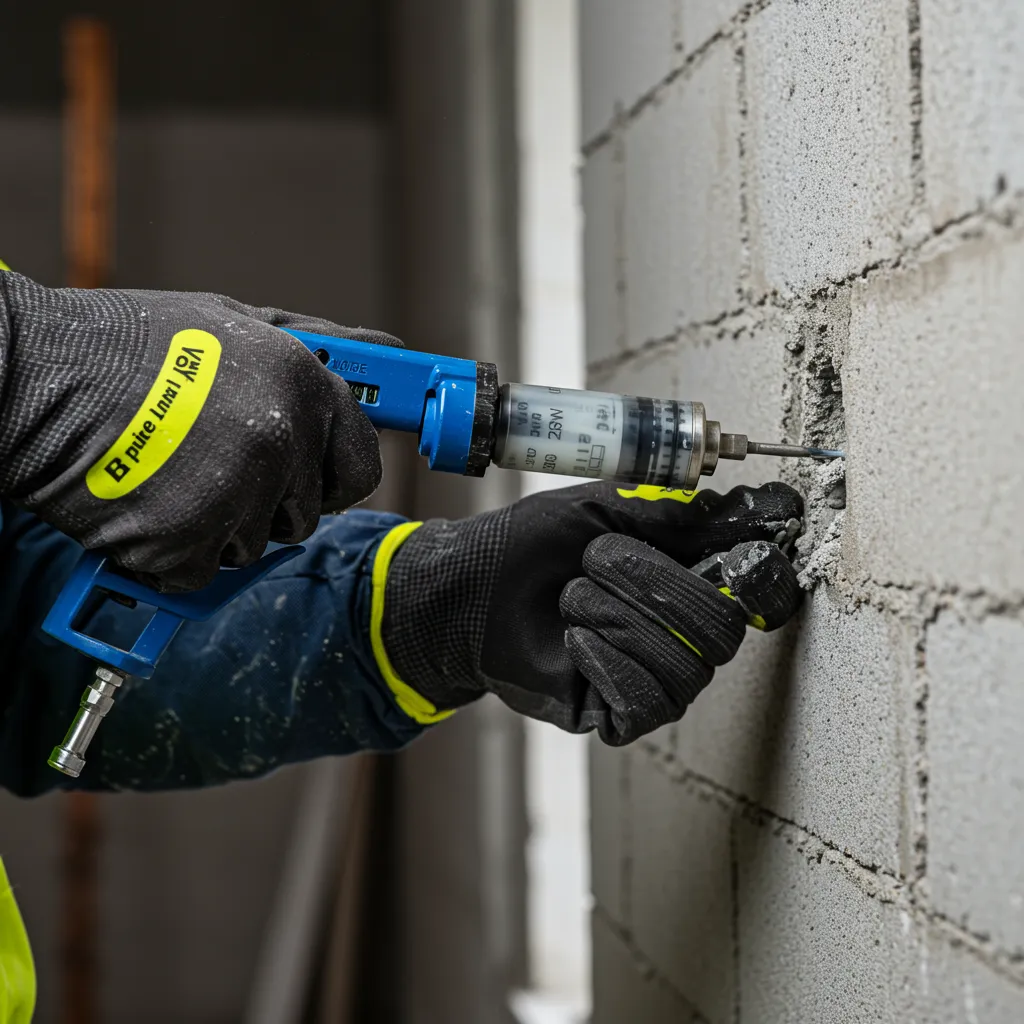 Injection de résine chimique bi-composant dans un trou percé dans un mur en béton lors de la pose d'une cheville chimique