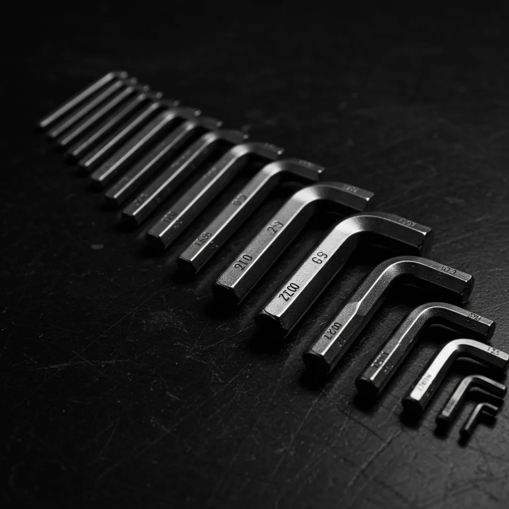 Jeu de clés Allen métriques et en pouces classées par taille croissante sur une surface métallique sombre