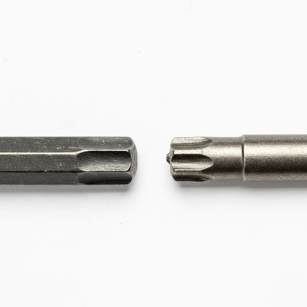 Comparaison en gros plan d'une clé Allen hexagonale et d'une clé Torx en étoile posées côte à côte