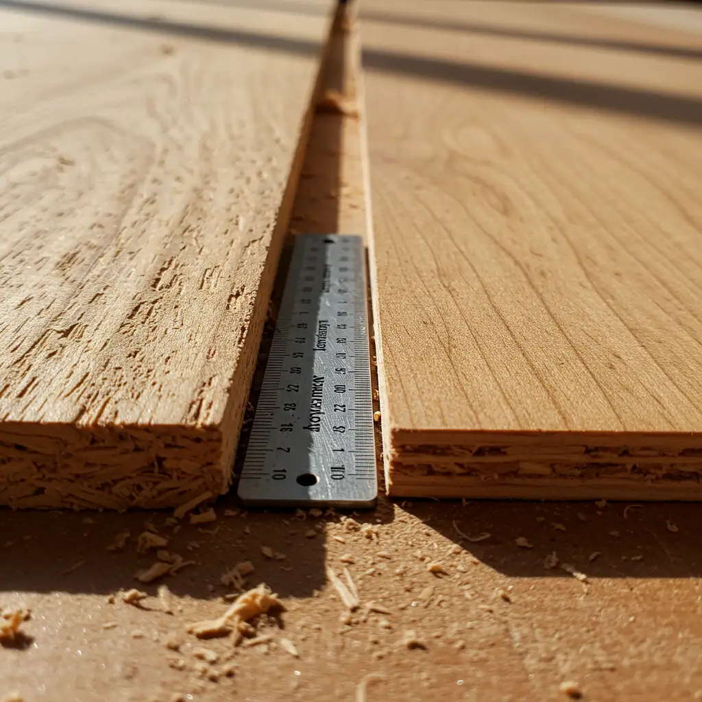 Comparaison en gros plan de la surface d'un panneau OSB 3 et d'un panneau CTBH P5 posés côte à côte sur un établi