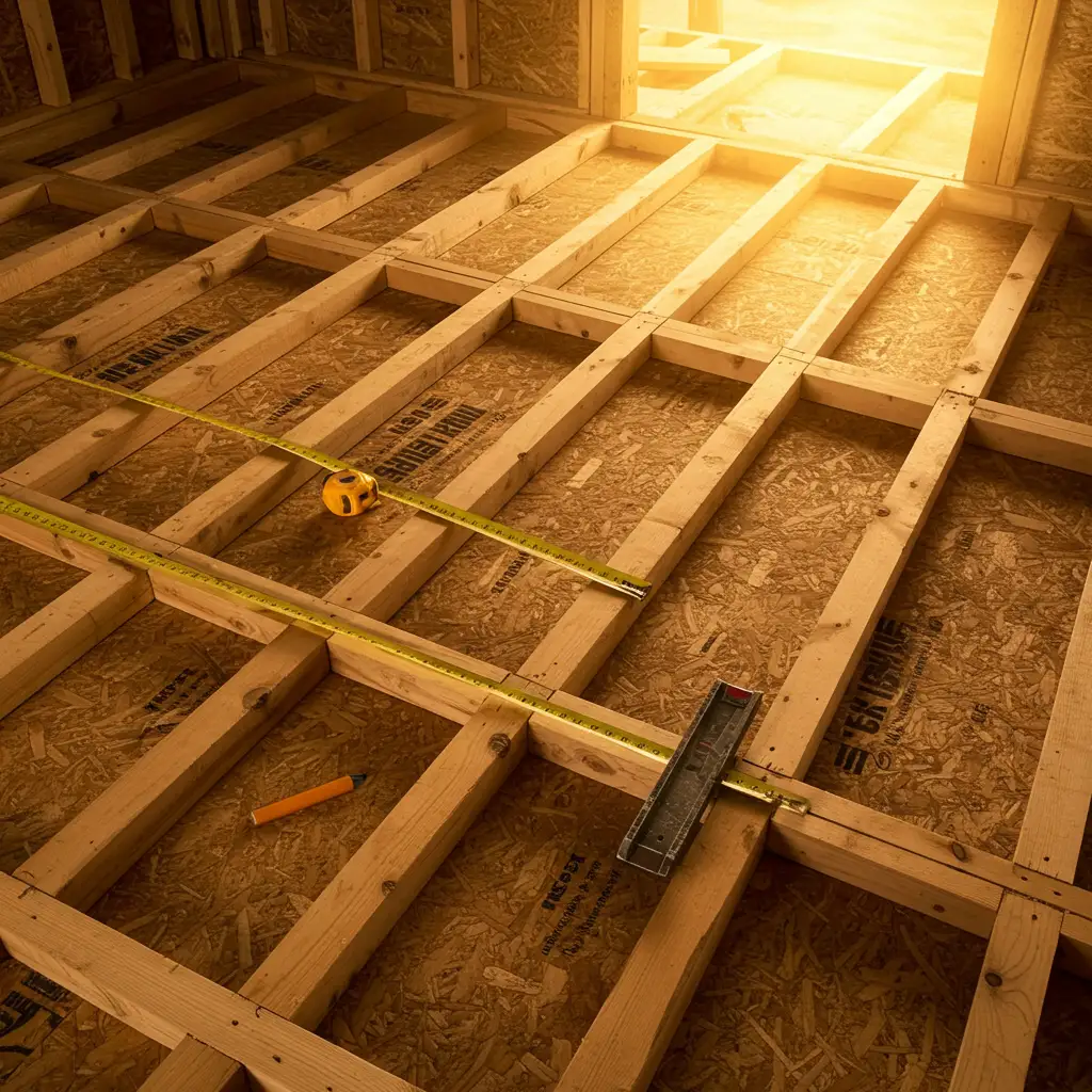 Vue de dessus d'un plancher en cours de pose avec des panneaux OSB sur des solives en bois, entraxe mesuré au ruban