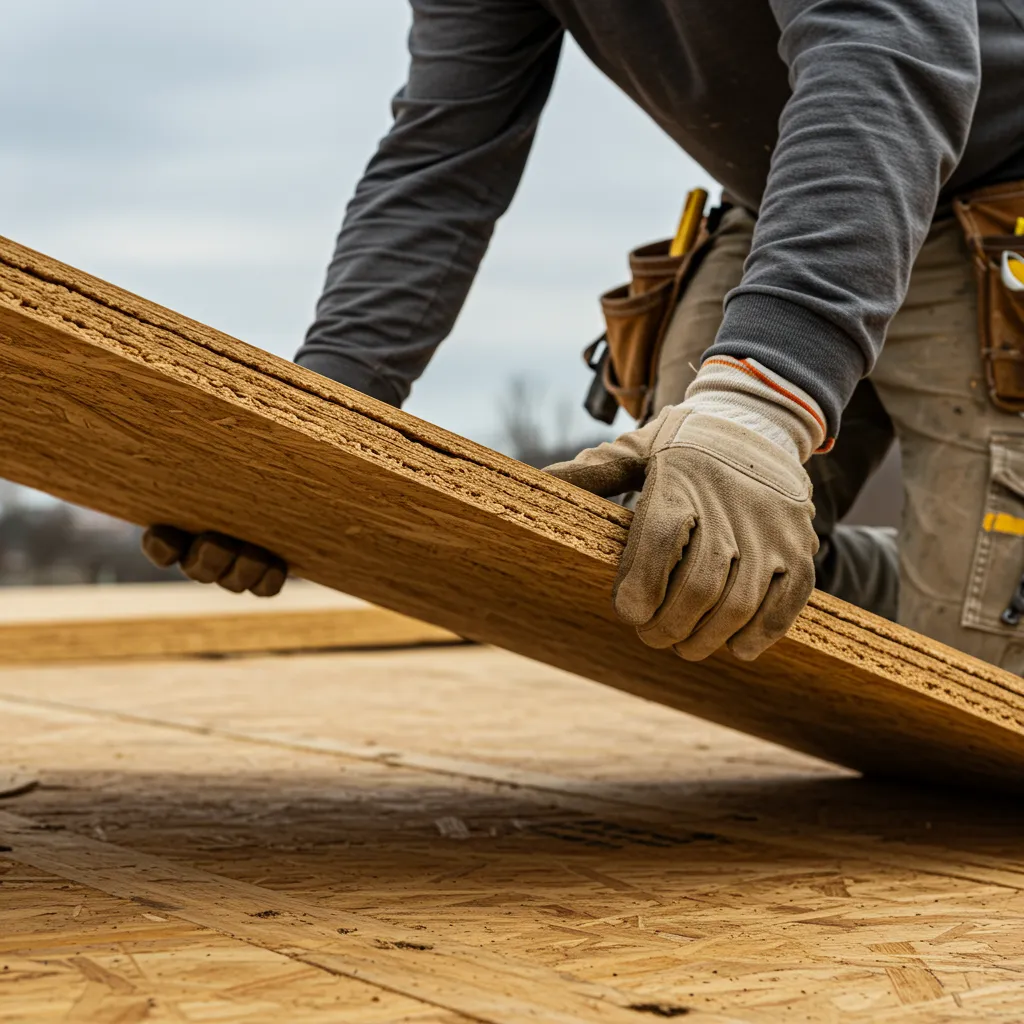 Mains d'un professionnel du bâtiment manipulant un panneau OSB lors de la pose d'un plancher sur chantier