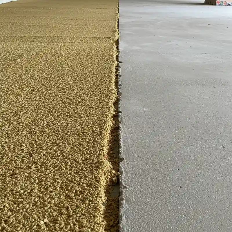 Comparaison visuelle entre une dalle chaux-chanvre et une dalle béton traditionnelle sur un chantier de rénovation