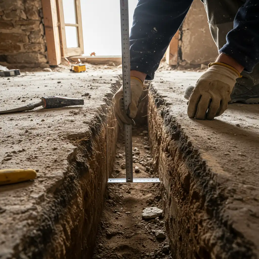 Artisan mesurant la profondeur de décaissement pour la pose d'une dalle chaux-chanvre dans un bâti ancien