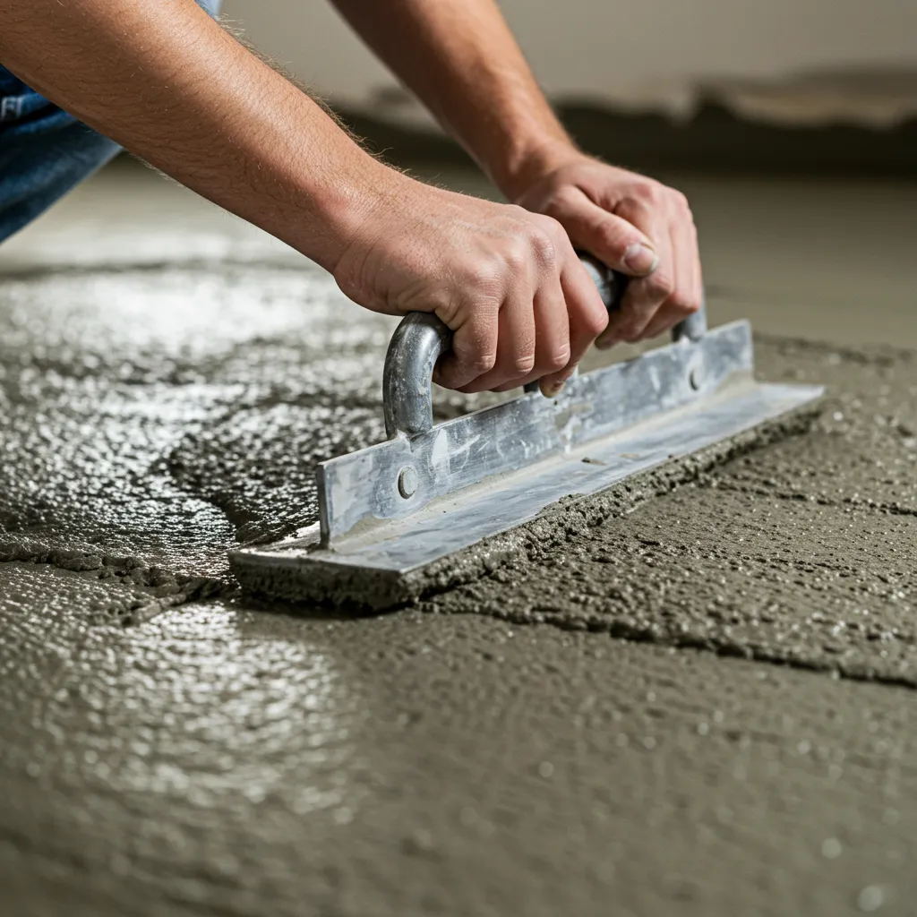 Lissage d'une chape ciment fraîche à la taloche métallique sur un chantier intérieur
