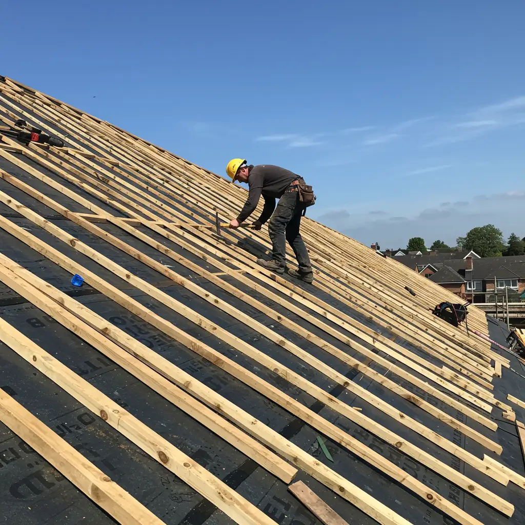 Pose des liteaux sur écran de sous-toiture lors de l'installation d'une couverture en tuiles romanes canal
