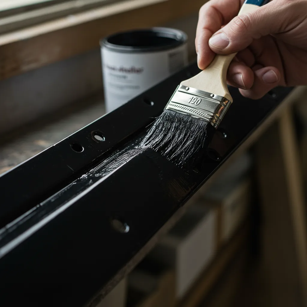 Application de peinture antirouille au pinceau sur une ferrure de volet en métal