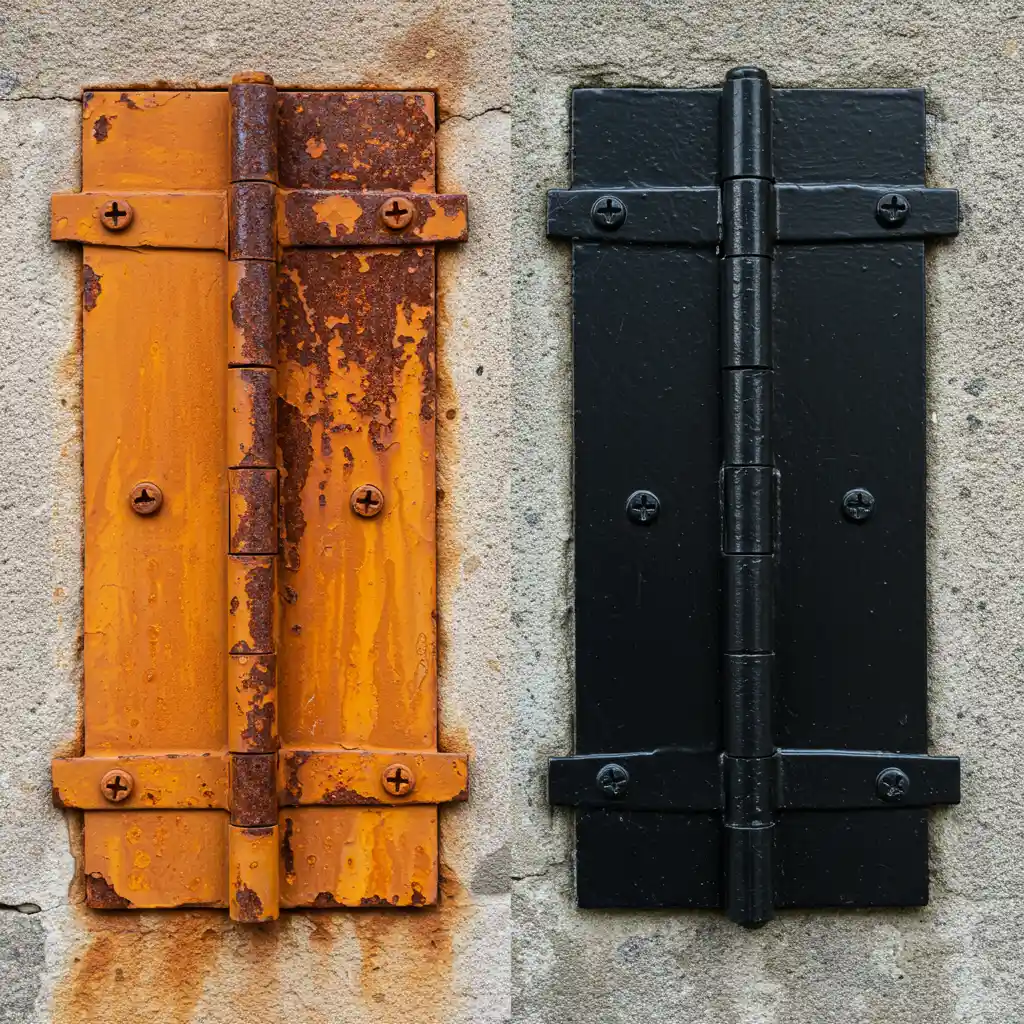 Comparaison entre une ferrure de volet rouillée causant des coulures sur la façade et une ferrure correctement peinte et protégée