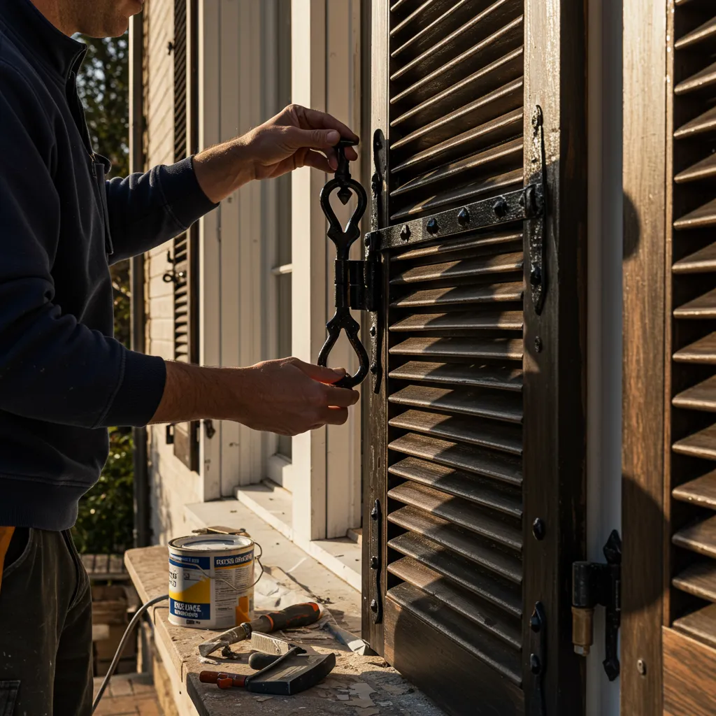 Remontage d'une ferrure de volet peinte par un professionnel lors d'une rénovation de façade