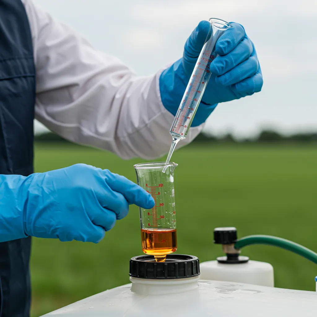 Mains gantées d'un professionnel mesurant précisément une dose de concentré herbicide avec une éprouvette graduée