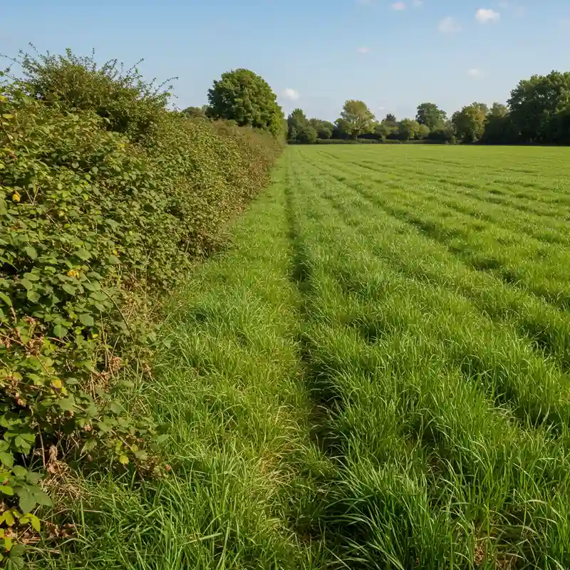 Prairie montrant le contraste entre zone de ronces et broussailles non traitées et herbe verte préservée après traitement herbicide sélectif