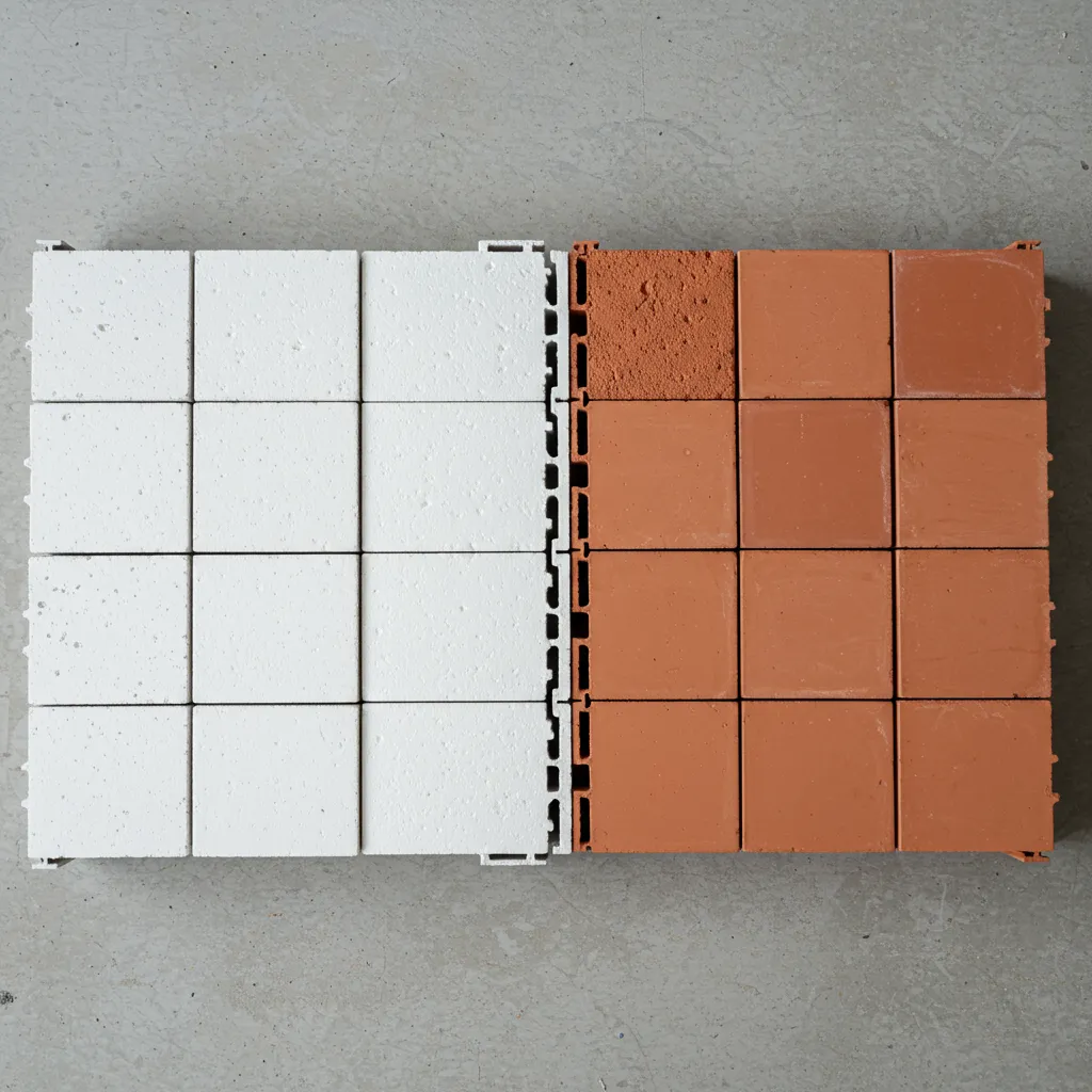 Comparatif des quatre types de hourdis : béton alvéolé, polystyrène, terre cuite et à languette, vus de dessus