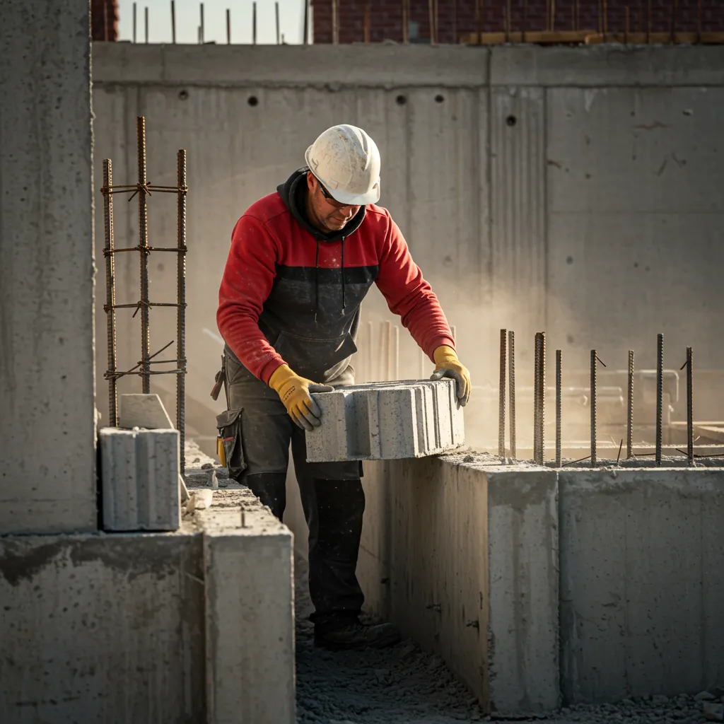 Ouvrier posant un hourdis béton entre deux poutrelles précontraintes lors de la construction d'un plancher résidentiel