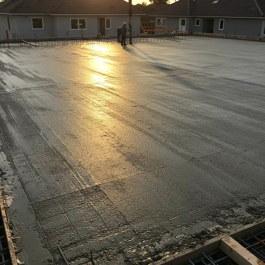 Dalle de compression fraîchement coulée sur un plancher poutrelles-hourdis lors des étapes finales de pose