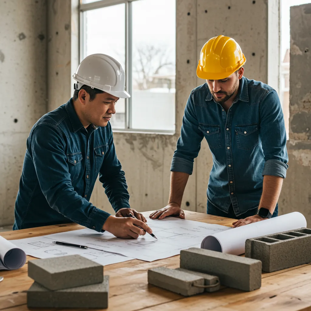 Artisan et maître d'ouvrage comparant des devis et des échantillons de matériaux pour un plancher hourdis béton