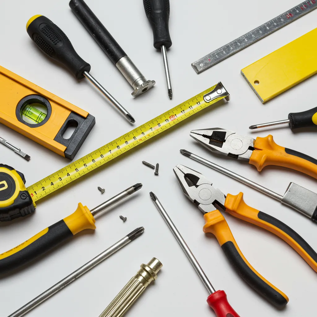 Vue de dessus d'une sélection d'outils de bricolage professionnels pour la plomberie, l'électricité et la menuiserie