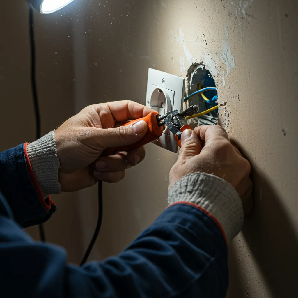 Gros plan sur des mains d'artisan posant une prise électrique dans un mur en cours de rénovation