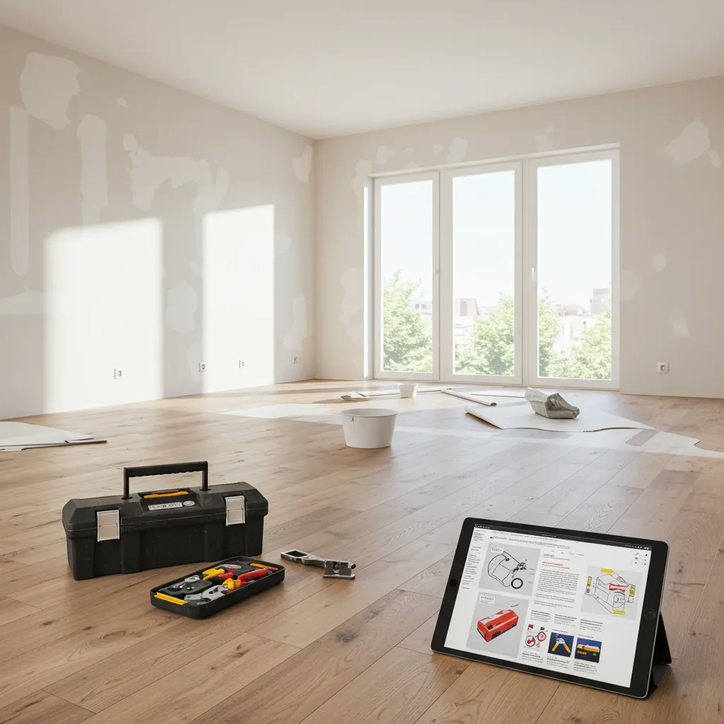 Salon en cours de rénovation avec parquet en pose, outils et tablette affichant un guide de formation bricolage