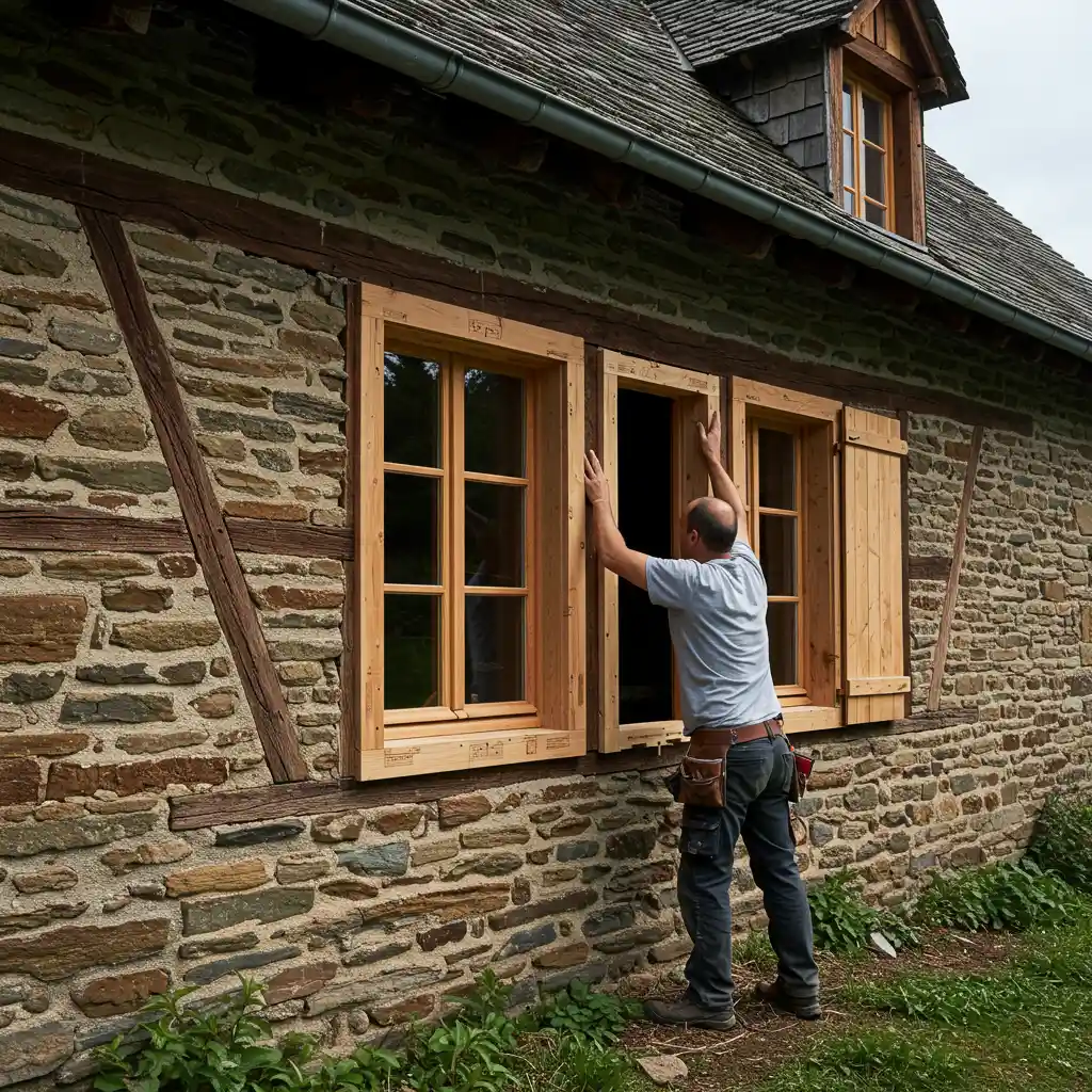 Pose d'une menuiserie bois sur une maison traditionnelle vosgienne, travaux de second œuvre