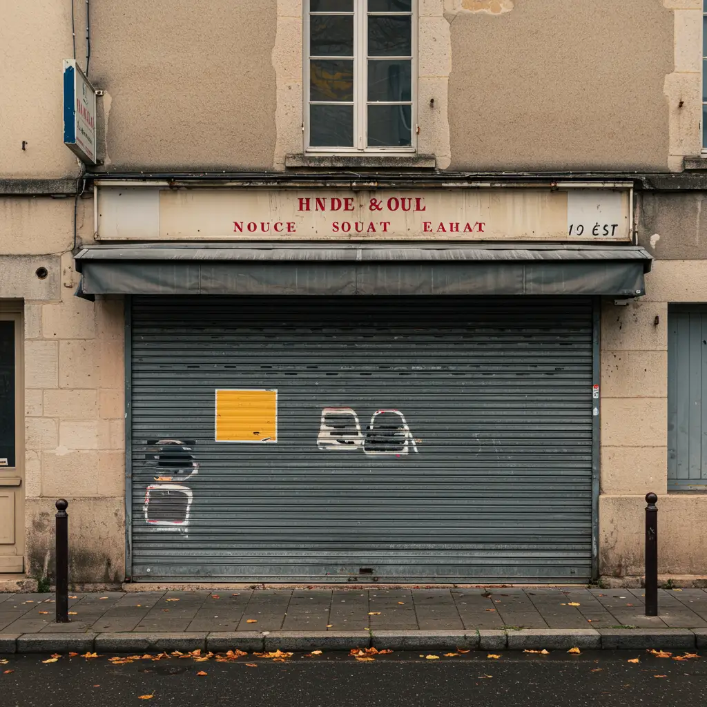Devanture d'une petite entreprise fermée dans un village français, symbolisant la cessation d'activité