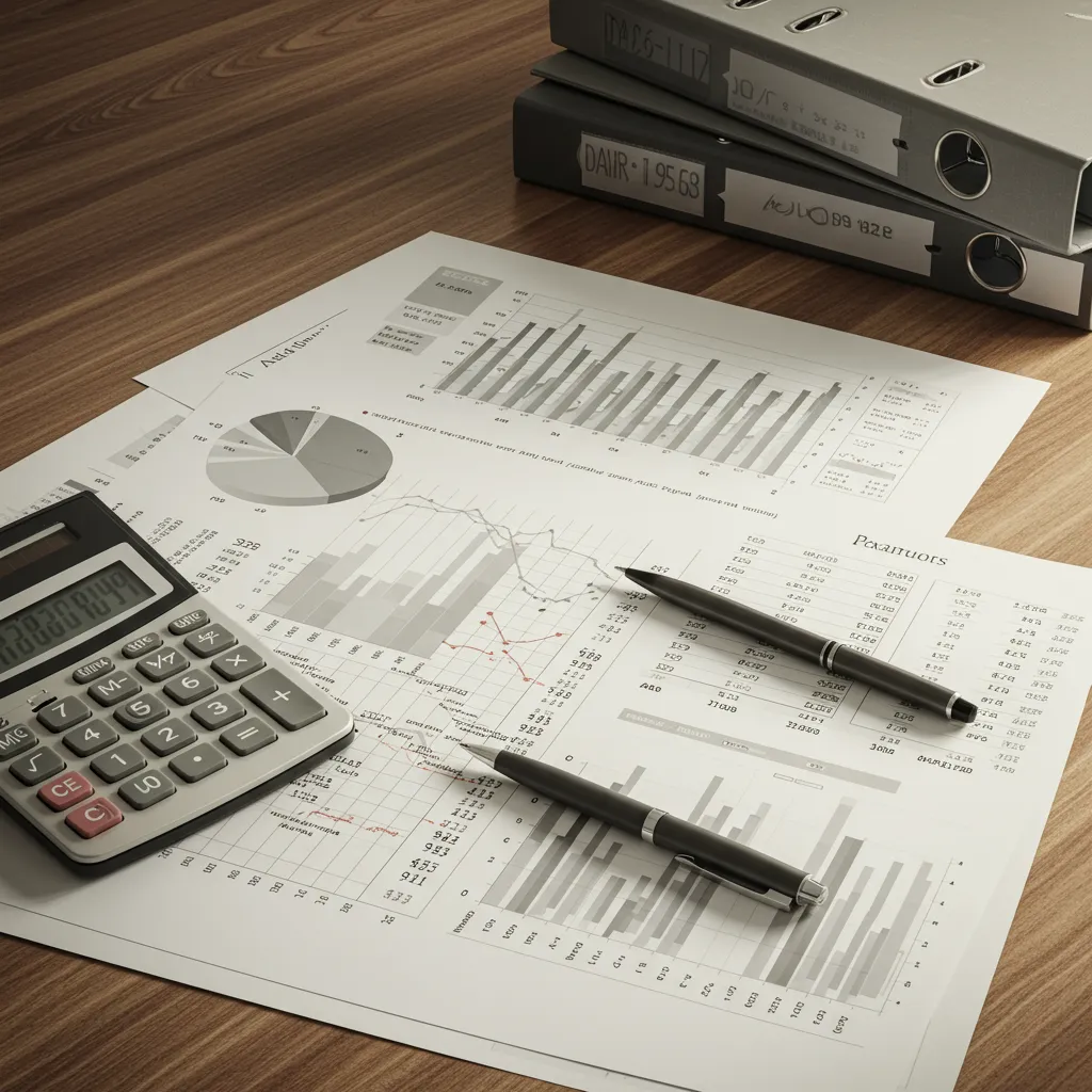 Documents comptables et financiers sur un bureau, analyse de la santé financière d'une entreprise du BTP