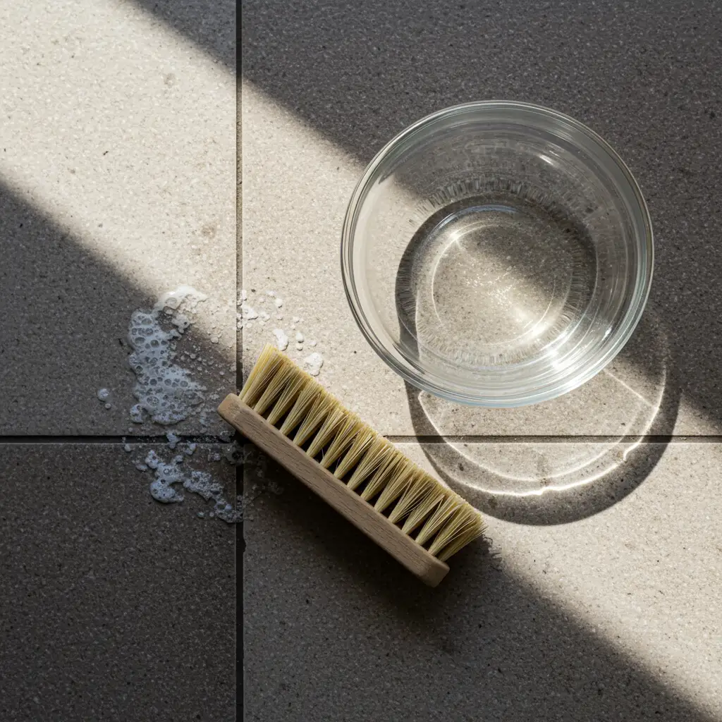 Vinaigre blanc et brosse en nylon posés sur un carrelage, outils pour traiter le voile blanc sur les joints