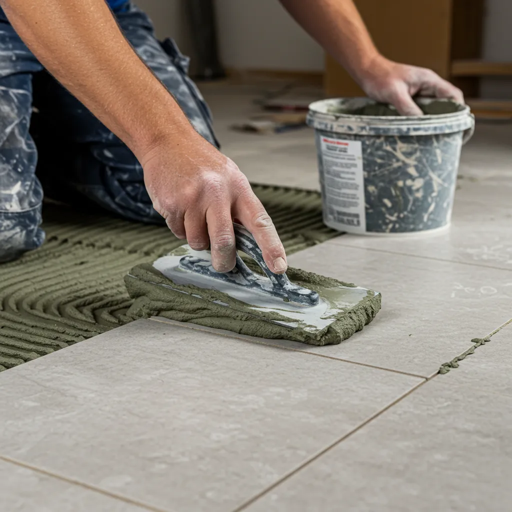 Pose du joint de carrelage avec une taloche en caoutchouc, illustrant les bonnes pratiques pour éviter la laitance dès la mise en œuvre