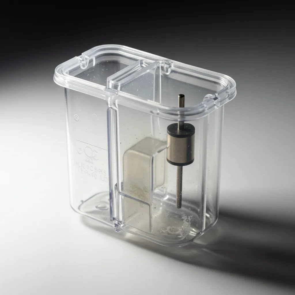 Réservoir d'eau de cafetière à dosettes démonté révélant le flotteur magnétique encrassé de calcaire