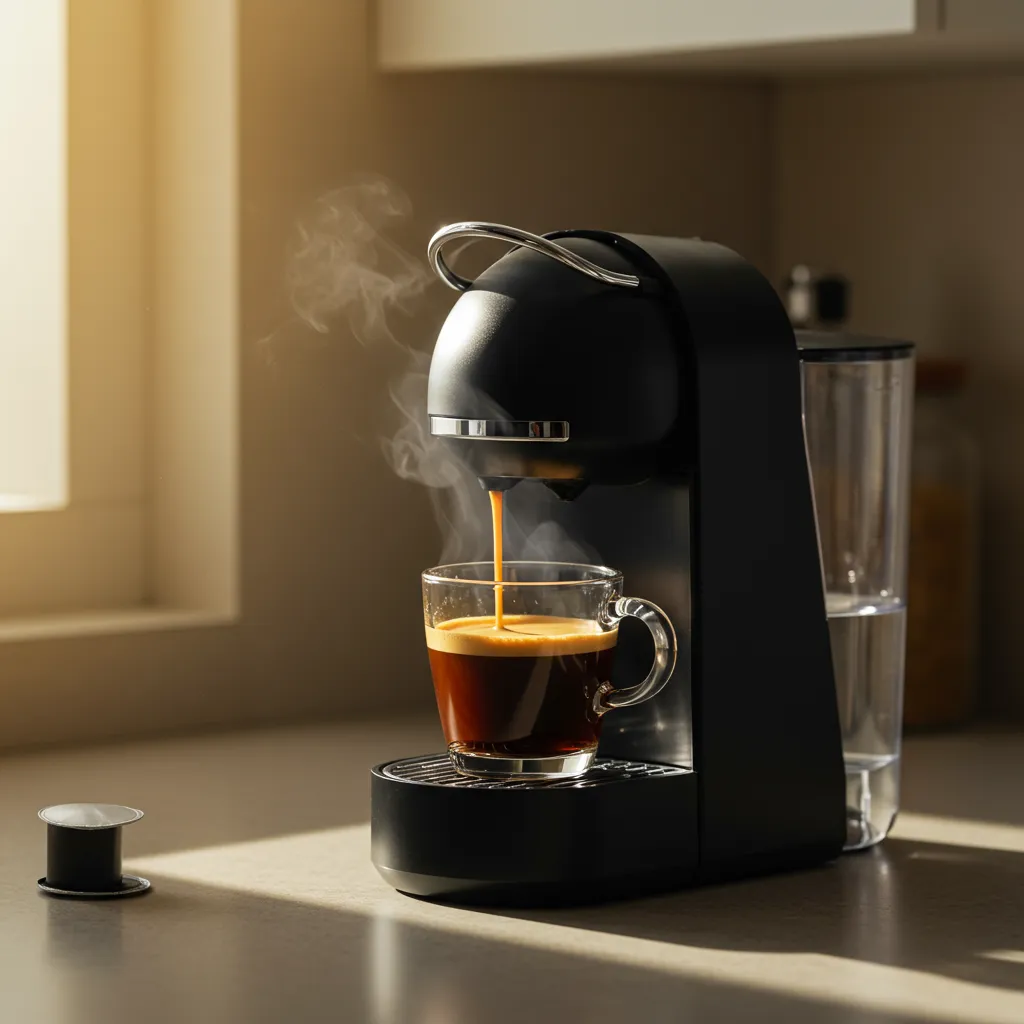 Cafetière à dosettes réparée fonctionnant normalement et préparant un café avec de la vapeur qui s'élève